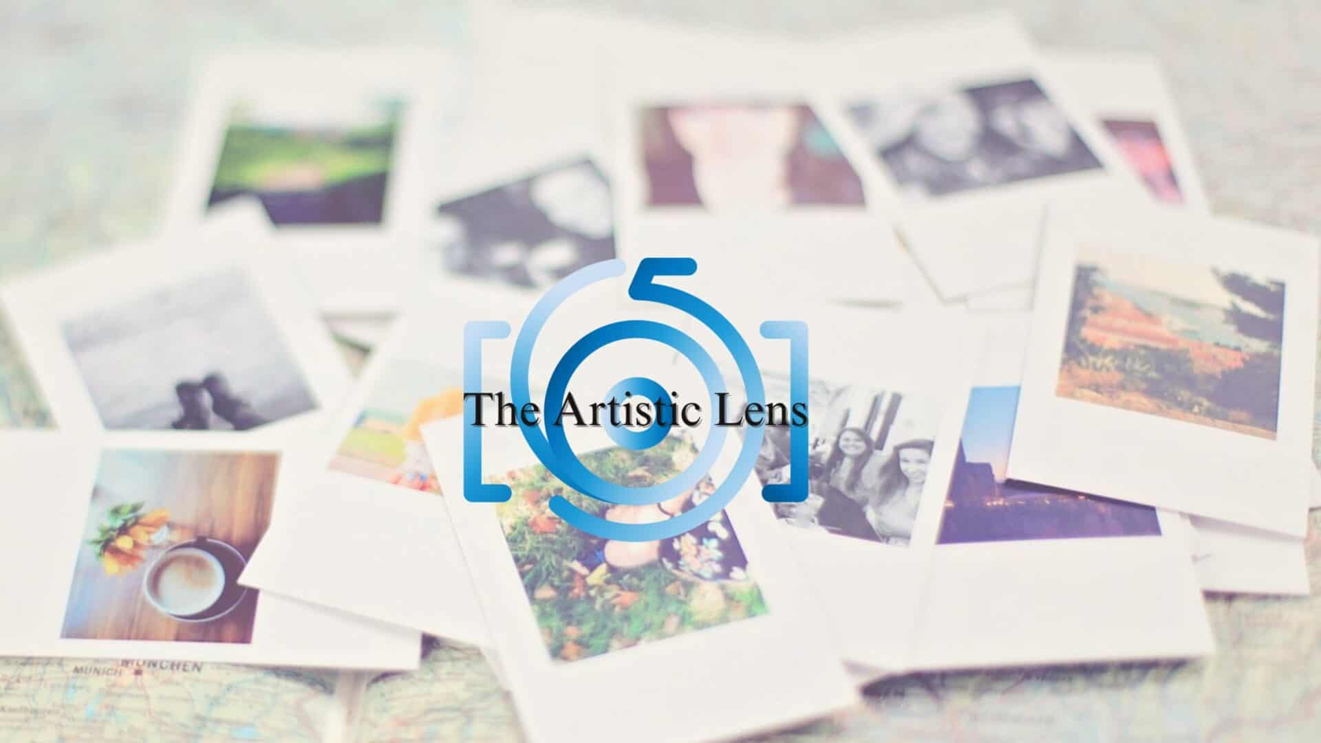 A collection of scattered polaroid photos on a surface with a logo saying "the artistic lens" overlaid in the center.